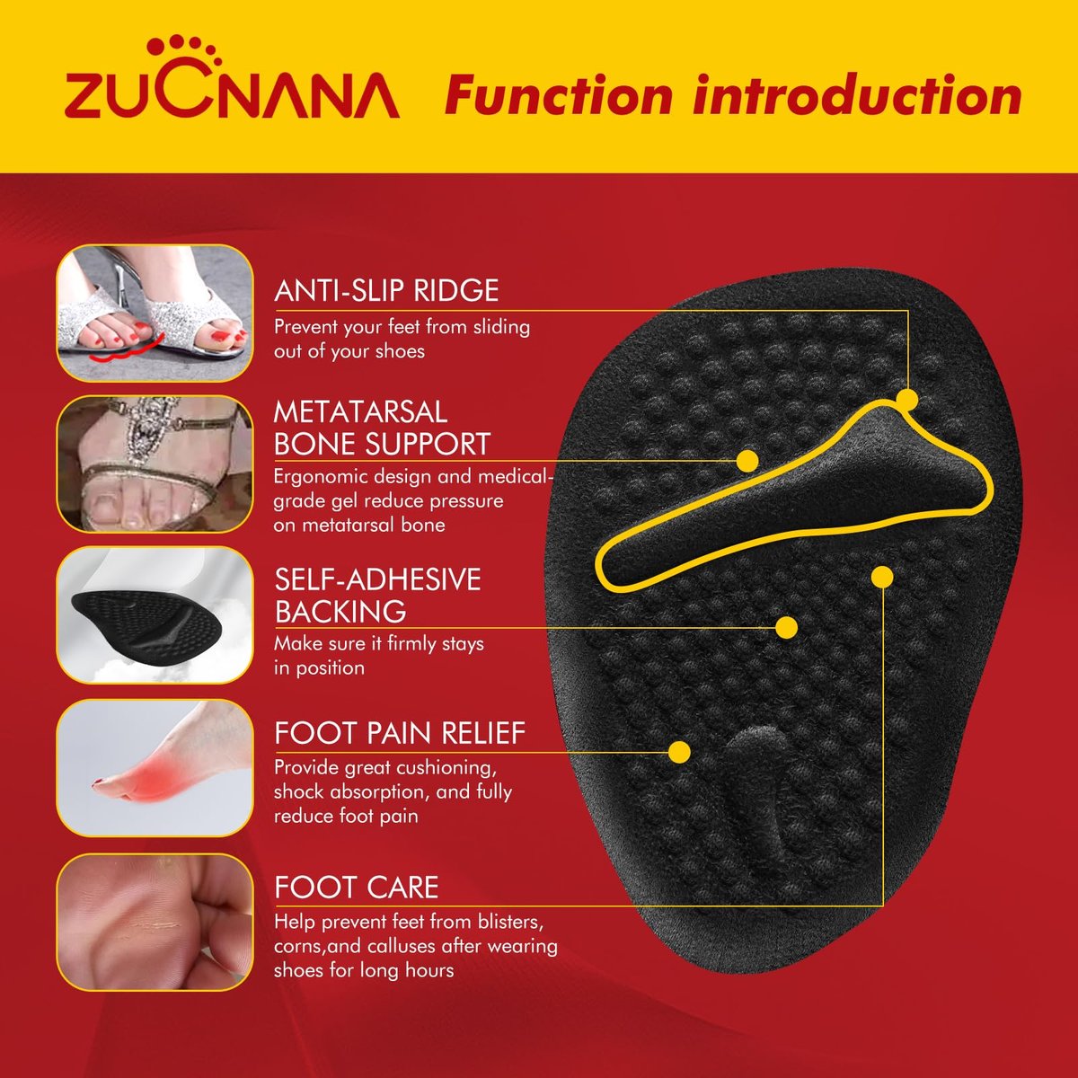 ZUCNANA Ball-of-Foot-Polster für Damen – 4 Paar Metatarsal-Pads, Anti-Rutsch-Fersenpolster gegen Blasen und Verrutschen (Beige+Schwarz)