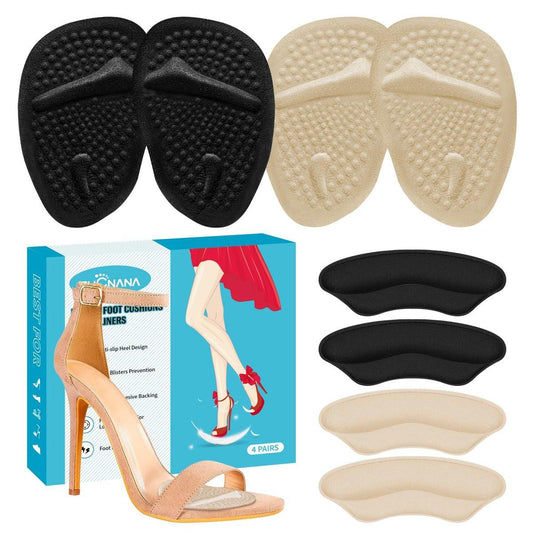 ZUCNANA Ball-of-Foot-Polster für Damen – 4 Paar Metatarsal-Pads, Anti-Rutsch-Fersenpolster gegen Blasen und Verrutschen (Beige+Schwarz)