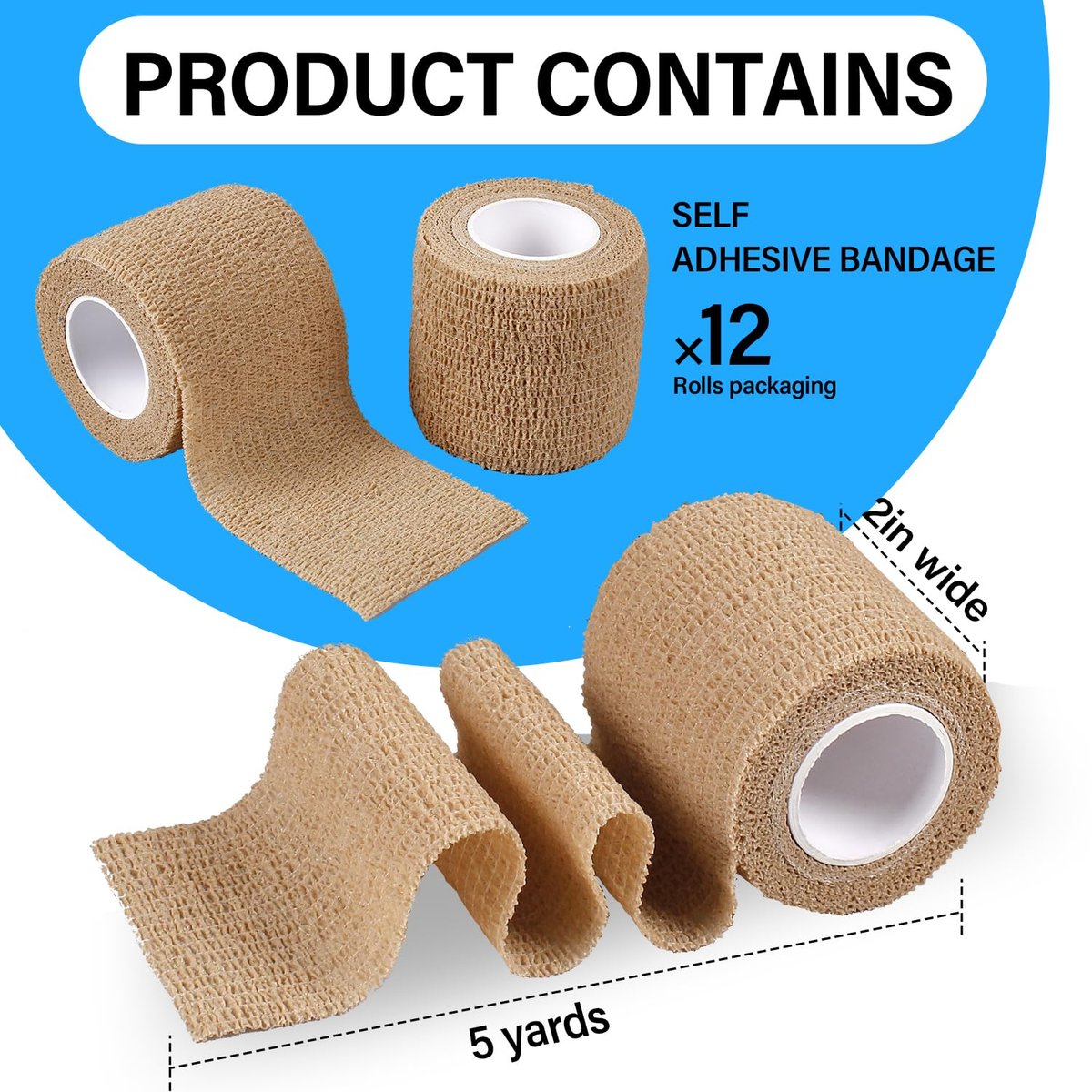 OZER 12er Pack 2 Zoll x 5 Yards Selbstklebende Bandage, Atmungsaktive Kohäsive Binde, Elastisches Selbsthaftendes Band für Sport, Handgelenk, Knöchel (Hautfarbe, 2 Zoll)