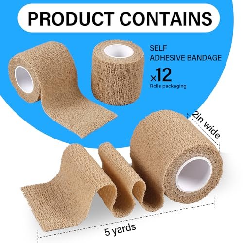 OZER 12er Pack 2 Zoll x 5 Yards Selbstklebende Bandage, Atmungsaktive Kohäsive Binde, Elastisches Selbsthaftendes Band für Sport, Handgelenk, Knöchel (Hautfarbe, 2 Zoll)