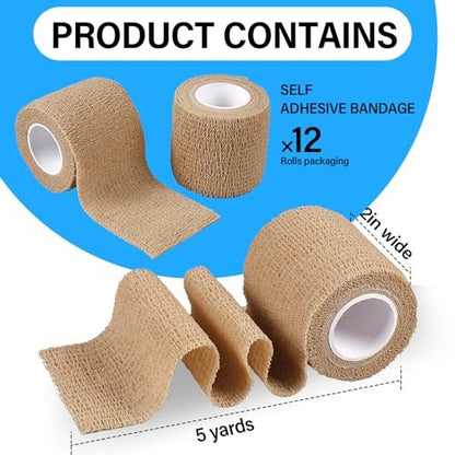 OZER 12er Pack 2 Zoll x 5 Yards Selbstklebende Bandage, Atmungsaktive Kohäsive Binde, Elastisches Selbsthaftendes Band für Sport, Handgelenk, Knöchel (Hautfarbe, 2 Zoll)