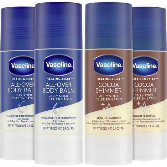 Vaseline Pflegeset: Kokos-Glitzer-Stick Highlighter + Körperbalsam-Stick, Vaseline Cocoa Butter, Körperbalsam-Hautpflegeset, Vaseline für trockene Haut (4-teiliges Set)