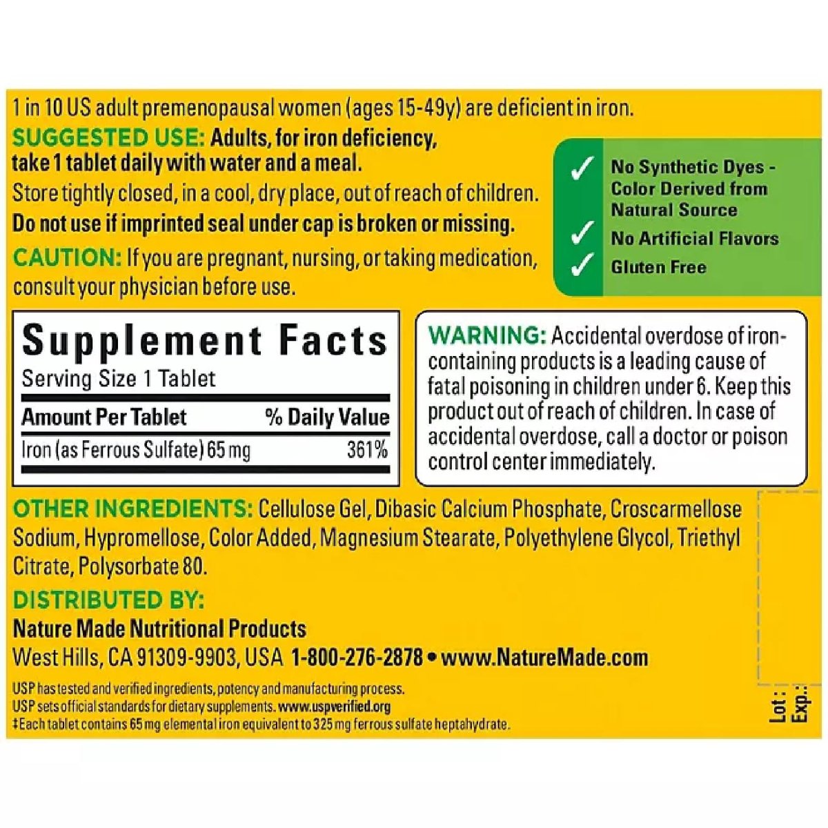 Nature Made Eisen 65 mg Tabletten (aus Eisensulfat) für die Bildung roter Blutkörperchen, 365 Stück