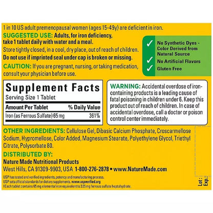 Nature Made Eisen 65 mg Tabletten (aus Eisensulfat) für die Bildung roter Blutkörperchen, 365 Stück