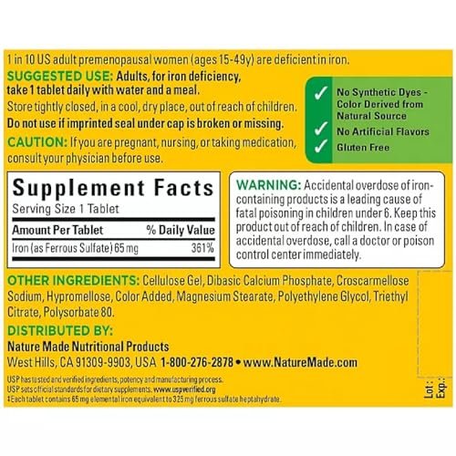 Nature Made Eisen 65 mg Tabletten (aus Eisensulfat) für die Bildung roter Blutkörperchen, 365 Stück