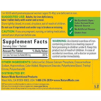 Nature Made Eisen 65 mg Tabletten (aus Eisensulfat) für die Bildung roter Blutkörperchen, 365 Stück