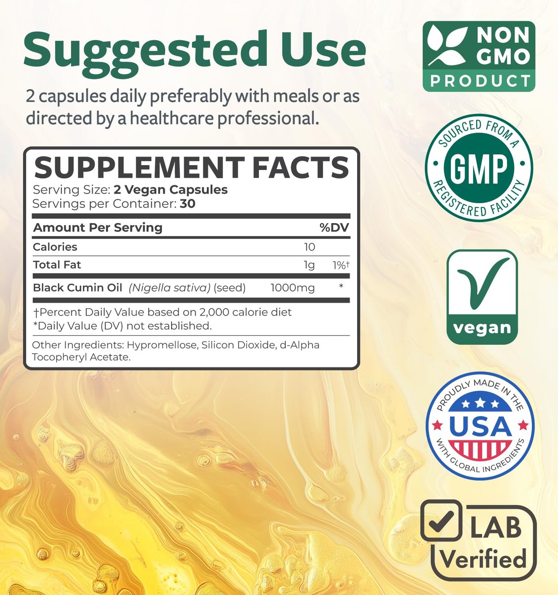Schwarzkümmelöl - 60 Weichkapseln (Non-GMO & vegan) Premium kaltgepresstes Nigella Sativa mit Vitamin E - 500 mg pro Kapsel, 1000 mg pro 2 Kapseln