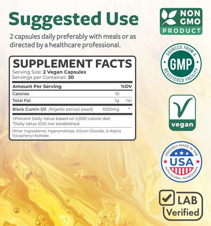 Schwarzkümmelöl - 60 Weichkapseln (Non-GMO & vegan) Premium kaltgepresstes Nigella Sativa mit Vitamin E - 500 mg pro Kapsel, 1000 mg pro 2 Kapseln