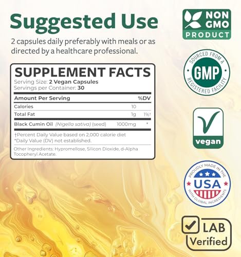 Schwarzkümmelöl - 60 Weichkapseln (Non-GMO & vegan) Premium kaltgepresstes Nigella Sativa mit Vitamin E - 500 mg pro Kapsel, 1000 mg pro 2 Kapseln