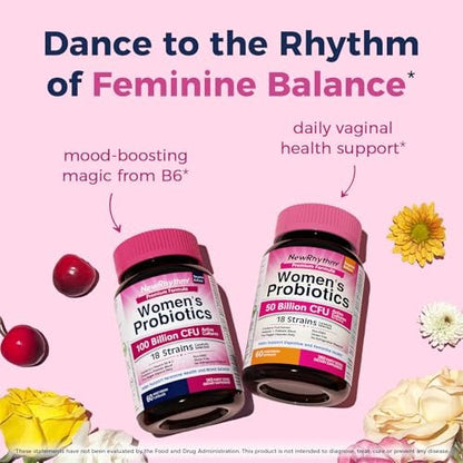 NewRhythm Probiotika für Frauen – P-5-P, Vitamin C & Bio-Cranberry – 100 Milliarden KBE, 18 Stämme – Präbiotika & Vaginalprobiotika für Verdauungsgesundheit & pH-Gleichgewicht – 60 Kapseln – Ohne Milchprodukte
