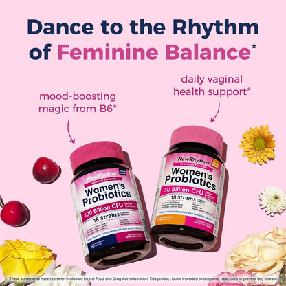 NewRhythm Probiotika für Frauen – P-5-P, Vitamin C & Bio-Cranberry – 100 Milliarden KBE, 18 Stämme – Präbiotika & Vaginalprobiotika für Verdauungsgesundheit & pH-Gleichgewicht – 60 Kapseln – Ohne Milchprodukte
