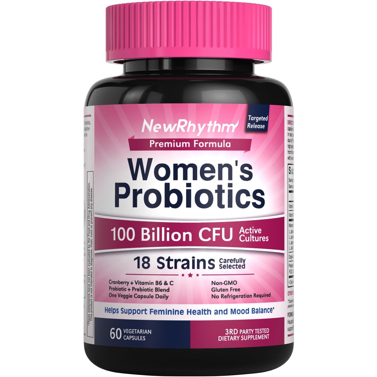 NewRhythm Probiotika für Frauen – P-5-P, Vitamin C & Bio-Cranberry – 100 Milliarden KBE, 18 Stämme – Präbiotika & Vaginalprobiotika für Verdauungsgesundheit & pH-Gleichgewicht – 60 Kapseln – Ohne Milchprodukte