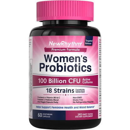 NewRhythm Probiotika für Frauen – P-5-P, Vitamin C & Bio-Cranberry – 100 Milliarden KBE, 18 Stämme – Präbiotika & Vaginalprobiotika für Verdauungsgesundheit & pH-Gleichgewicht – 60 Kapseln – Ohne Milchprodukte