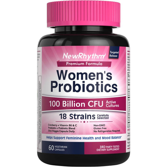 NewRhythm Probiotika für Frauen – P-5-P, Vitamin C & Bio-Cranberry – 100 Milliarden KBE, 18 Stämme – Präbiotika & Vaginalprobiotika für Verdauungsgesundheit & pH-Gleichgewicht – 60 Kapseln – Ohne Milchprodukte