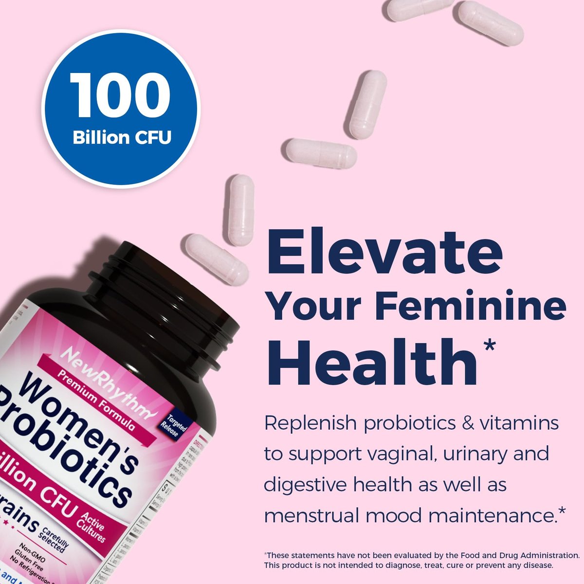 NewRhythm Probiotika für Frauen – P-5-P, Vitamin C & Bio-Cranberry – 100 Milliarden KBE, 18 Stämme – Präbiotika & Vaginalprobiotika für Verdauungsgesundheit & pH-Gleichgewicht – 60 Kapseln – Ohne Milchprodukte