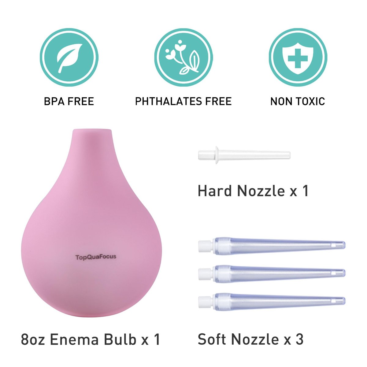 TopQuaFocus 8oz Einlaufbirnen-Set – Anal- und Vaginaldusche mit Silikonbirne und 4 austauschbaren Aufsätzen (Pink, 224ml)