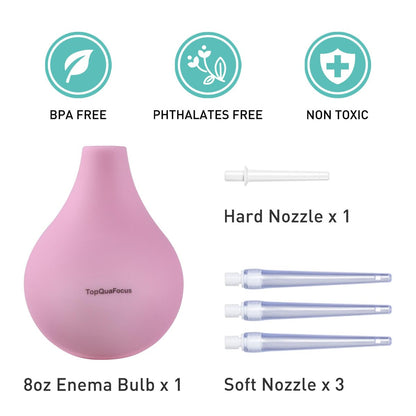 TopQuaFocus 8oz Einlaufbirnen-Set – Anal- und Vaginaldusche mit Silikonbirne und 4 austauschbaren Aufsätzen (Pink, 224ml)