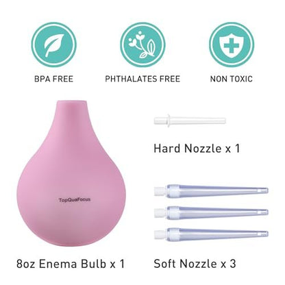 TopQuaFocus 8oz Einlaufbirnen-Set – Anal- und Vaginaldusche mit Silikonbirne und 4 austauschbaren Aufsätzen (Pink, 224ml)