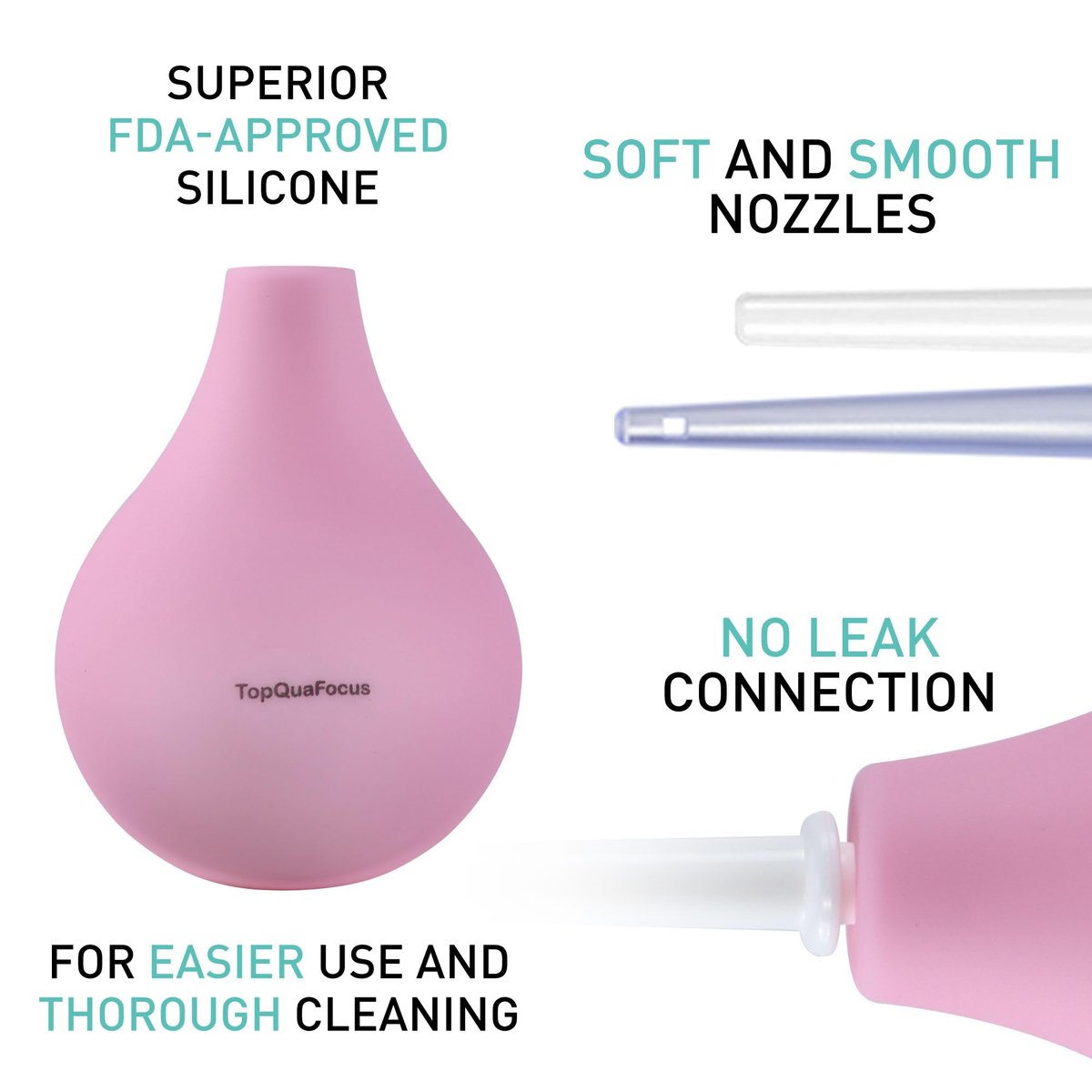 TopQuaFocus 8oz Einlaufbirnen-Set – Anal- und Vaginaldusche mit Silikonbirne und 4 austauschbaren Aufsätzen (Pink, 224ml)