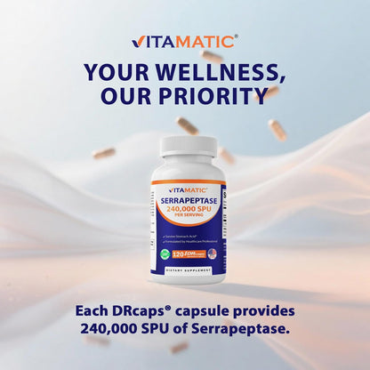 Vitamatic Serrapeptase 240.000 SPU, 120 Kapseln mit verzögerter Freisetzung - magensaftresistent - Nicht-GVO - Hergestellt in den USA