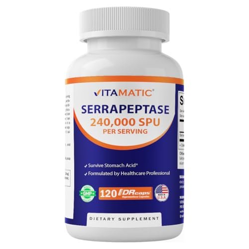 Vitamatic Serrapeptase 240.000 SPU, 120 Kapseln mit verzögerter Freisetzung - magensaftresistent - Nicht-GVO - Hergestellt in den USA