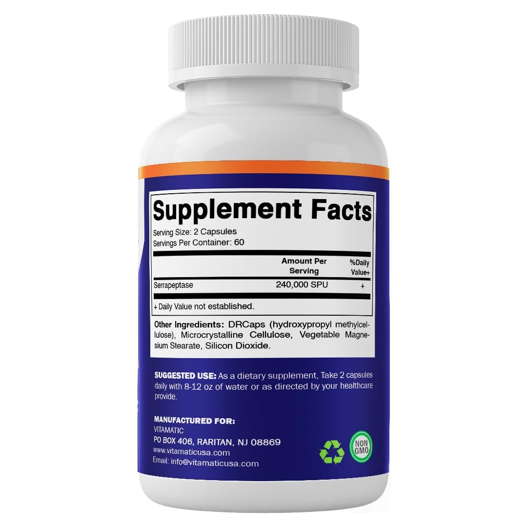 Vitamatic Serrapeptase 240.000 SPU, 120 Kapseln mit verzögerter Freisetzung - magensaftresistent - Nicht-GVO - Hergestellt in den USA