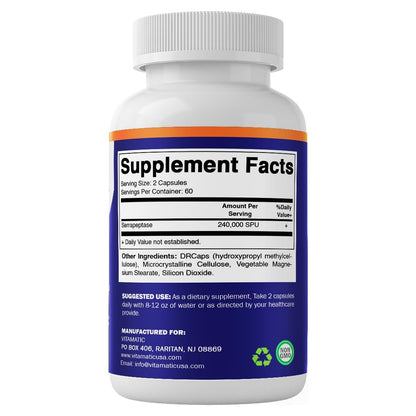 Vitamatic Serrapeptase 240.000 SPU, 120 Kapseln mit verzögerter Freisetzung - magensaftresistent - Nicht-GVO - Hergestellt in den USA