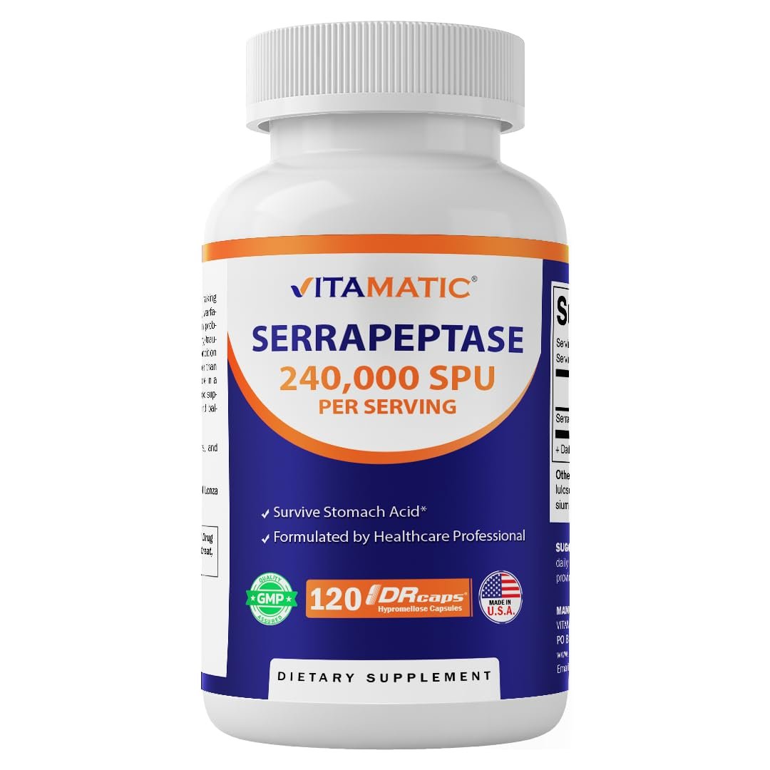 Vitamatic Serrapeptase 240.000 SPU, 120 Kapseln mit verzögerter Freisetzung - magensaftresistent - Nicht-GVO - Hergestellt in den USA