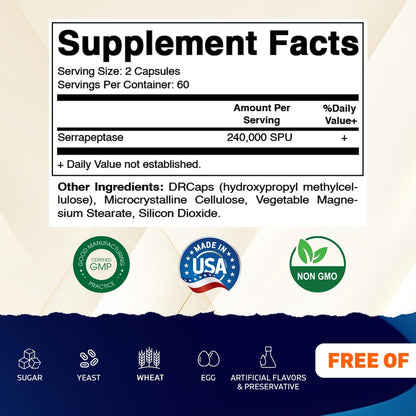 Vitamatic Serrapeptase 240.000 SPU, 120 Kapseln mit verzögerter Freisetzung - magensaftresistent - Nicht-GVO - Hergestellt in den USA