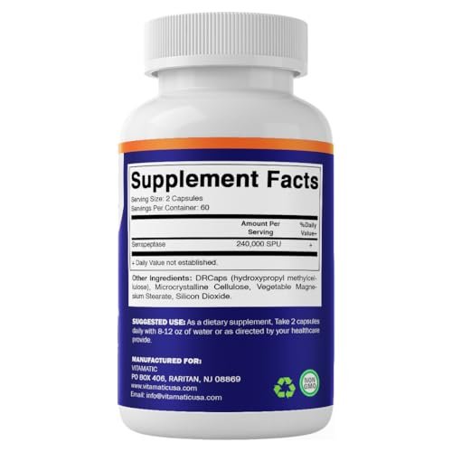 Vitamatic Serrapeptase 240.000 SPU, 120 Kapseln mit verzögerter Freisetzung - magensaftresistent - Nicht-GVO - Hergestellt in den USA