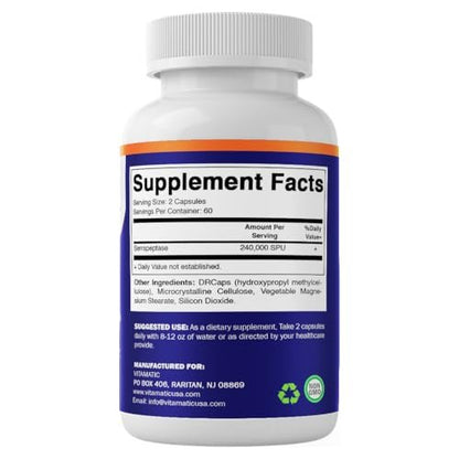 Vitamatic Serrapeptase 240.000 SPU, 120 Kapseln mit verzögerter Freisetzung - magensaftresistent - Nicht-GVO - Hergestellt in den USA