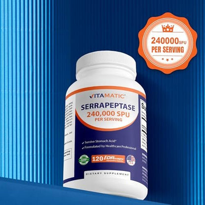 Vitamatic Serrapeptase 240.000 SPU, 120 Kapseln mit verzögerter Freisetzung - magensaftresistent - Nicht-GVO - Hergestellt in den USA