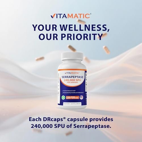 Vitamatic Serrapeptase 240.000 SPU, 120 Kapseln mit verzögerter Freisetzung - magensaftresistent - Nicht-GVO - Hergestellt in den USA