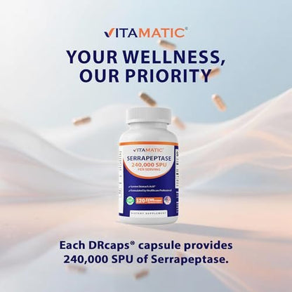 Vitamatic Serrapeptase 240.000 SPU, 120 Kapseln mit verzögerter Freisetzung - magensaftresistent - Nicht-GVO - Hergestellt in den USA
