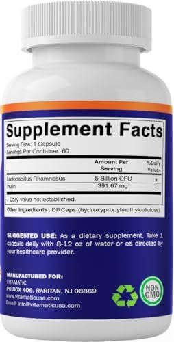 Vitamatic Lactobacillus Rhamnosus 5 Milliarden pro Kapsel (10 Milliarden pro 2 Kapseln) - 60 Kapseln - Fortschrittliche Verdauungs- & Immununterstützung - Mit Präbiotikum Inulin-Faser
