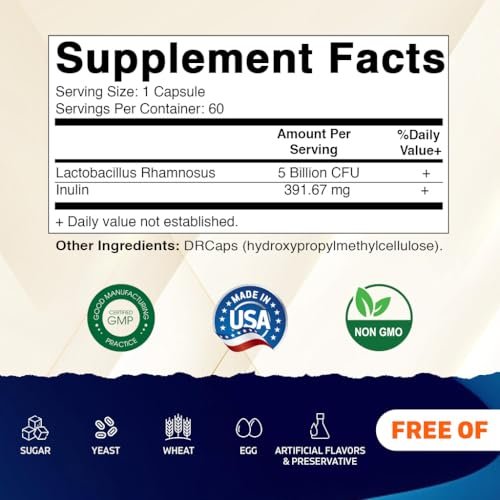 Vitamatic Lactobacillus Rhamnosus 5 Milliarden pro Kapsel (10 Milliarden pro 2 Kapseln) - 60 Kapseln - Fortschrittliche Verdauungs- & Immununterstützung - Mit Präbiotikum Inulin-Faser