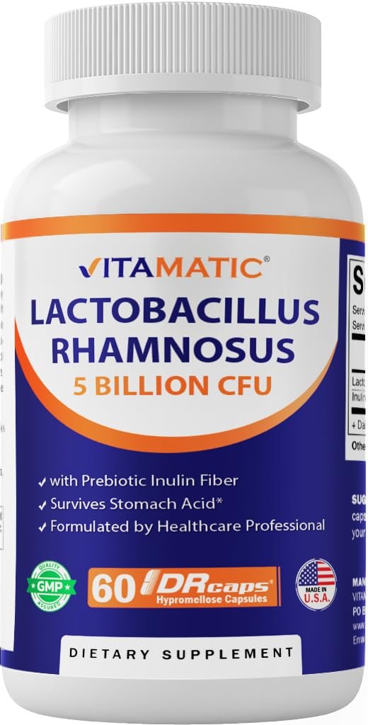 Vitamatic Lactobacillus Rhamnosus 5 Milliarden pro Kapsel (10 Milliarden pro 2 Kapseln) - 60 Kapseln - Fortschrittliche Verdauungs- & Immununterstützung - Mit Präbiotikum Inulin-Faser