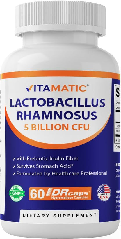 Vitamatic Lactobacillus Rhamnosus 5 Milliarden pro Kapsel (10 Milliarden pro 2 Kapseln) - 60 Kapseln - Fortschrittliche Verdauungs- & Immununterstützung - Mit Präbiotikum Inulin-Faser