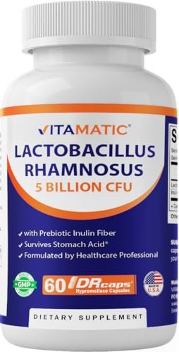 Vitamatic Lactobacillus Rhamnosus 5 Milliarden pro Kapsel (10 Milliarden pro 2 Kapseln) - 60 Kapseln - Fortschrittliche Verdauungs- & Immununterstützung - Mit Präbiotikum Inulin-Faser