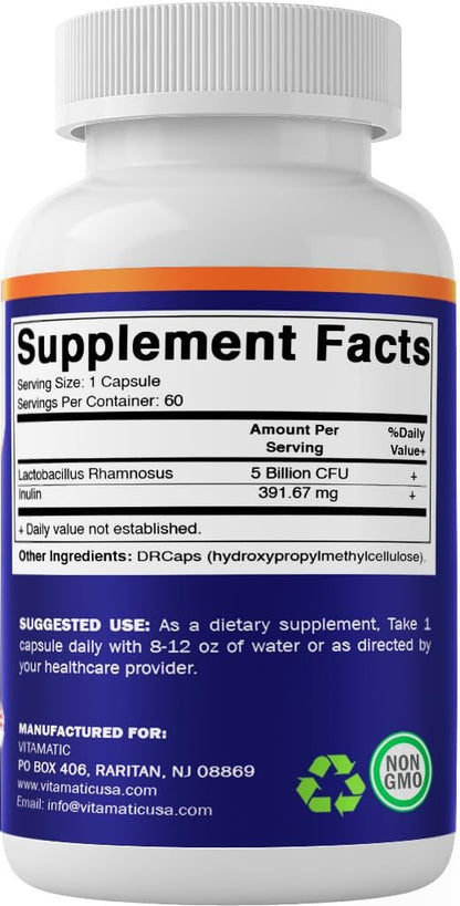 Vitamatic Lactobacillus Rhamnosus 5 Milliarden pro Kapsel (10 Milliarden pro 2 Kapseln) - 60 Kapseln - Fortschrittliche Verdauungs- & Immununterstützung - Mit Präbiotikum Inulin-Faser