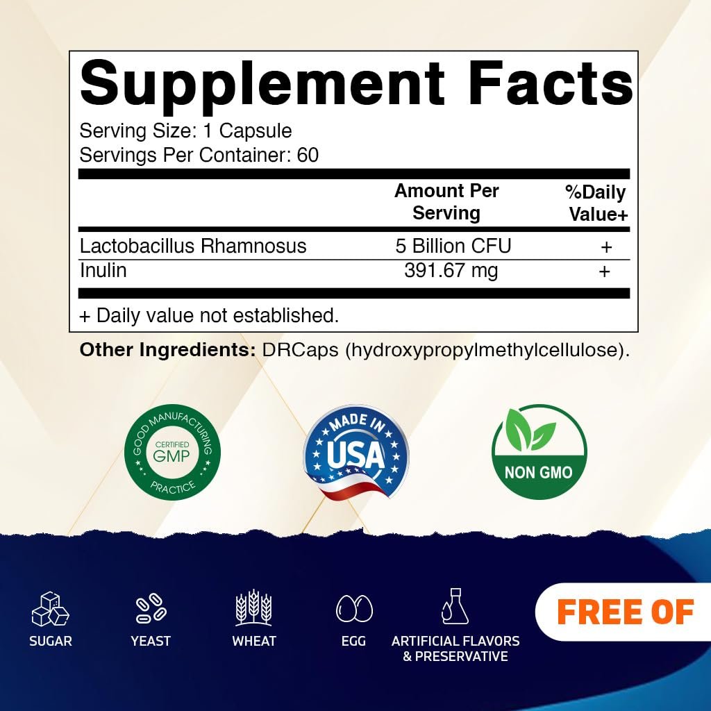 Vitamatic Lactobacillus Rhamnosus 5 Milliarden pro Kapsel (10 Milliarden pro 2 Kapseln) - 60 Kapseln - Fortschrittliche Verdauungs- & Immununterstützung - Mit Präbiotikum Inulin-Faser