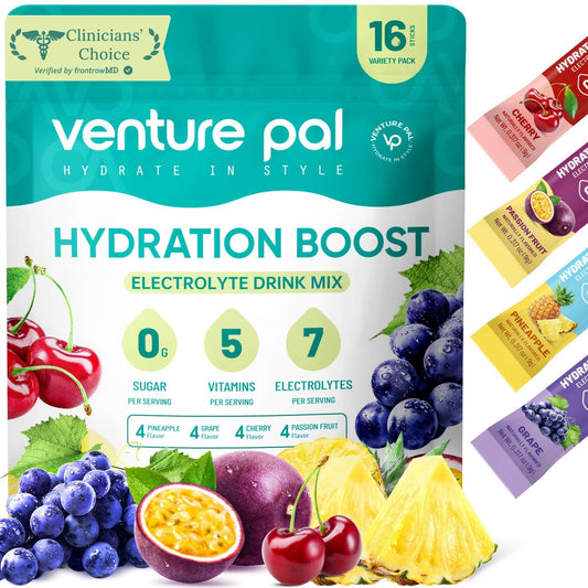 Venture Pal Zuckerfreies Elektrolytepulver - Liquid Daily IV Drink Mix für schnelle Hydratation & Party-Erholung | 5 Vitamine & 7 Elektrolyte | Keto-freundlich | Nicht-GVO | Zertifiziert vegan | 16 Sticks
