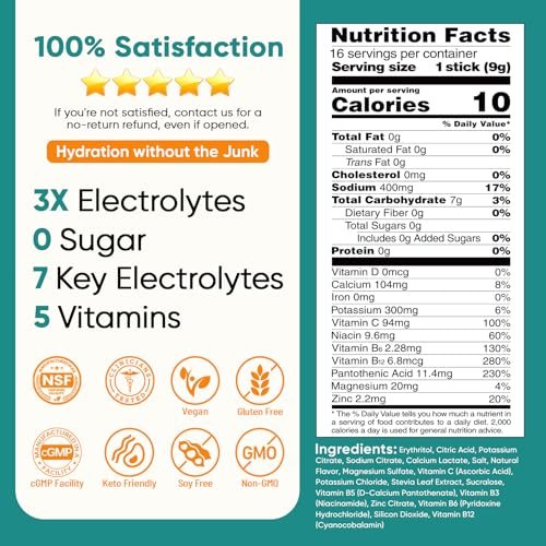 Venture Pal Zuckerfreies Elektrolytepulver - Liquid Daily IV Drink Mix für schnelle Hydratation & Party-Erholung | 5 Vitamine & 7 Elektrolyte | Keto-freundlich | Nicht-GVO | Zertifiziert vegan | 16 Sticks