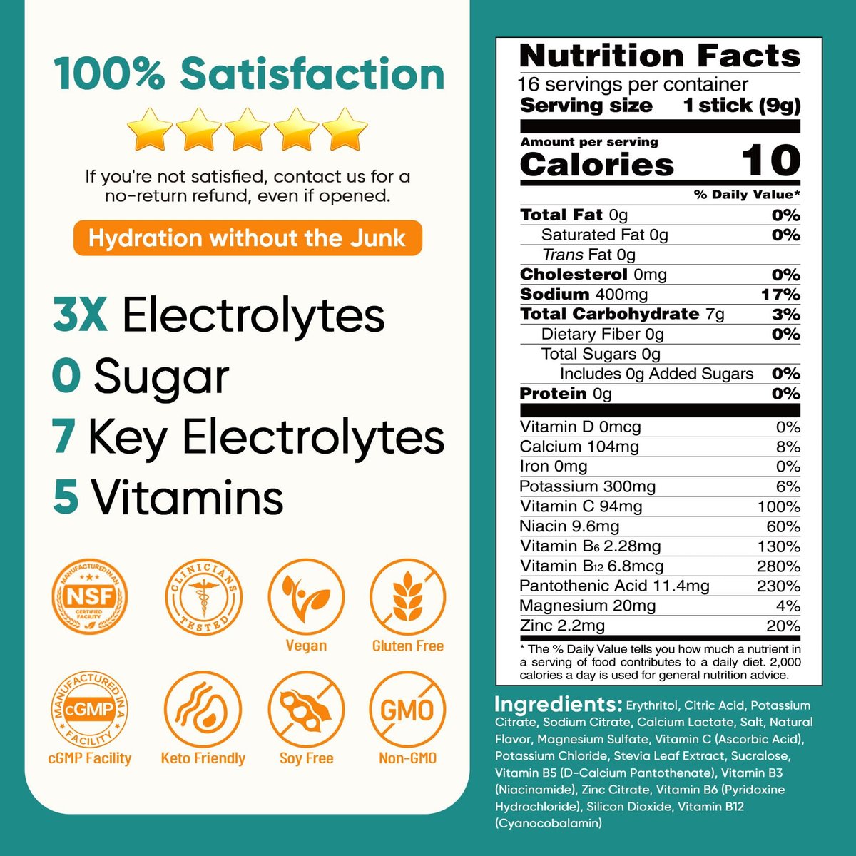 Venture Pal Zuckerfreies Elektrolytepulver - Liquid Daily IV Drink Mix für schnelle Hydratation & Party-Erholung | 5 Vitamine & 7 Elektrolyte | Keto-freundlich | Nicht-GVO | Zertifiziert vegan | 16 Sticks
