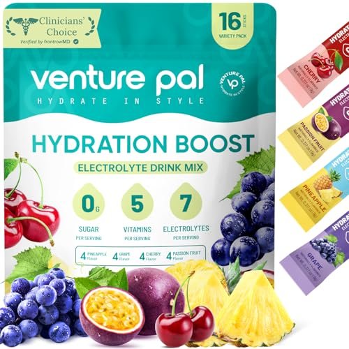 Venture Pal Zuckerfreies Elektrolytepulver - Liquid Daily IV Drink Mix für schnelle Hydratation & Party-Erholung | 5 Vitamine & 7 Elektrolyte | Keto-freundlich | Nicht-GVO | Zertifiziert vegan | 16 Sticks