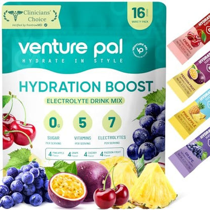 Venture Pal Zuckerfreies Elektrolytepulver - Liquid Daily IV Drink Mix für schnelle Hydratation & Party-Erholung | 5 Vitamine & 7 Elektrolyte | Keto-freundlich | Nicht-GVO | Zertifiziert vegan | 16 Sticks