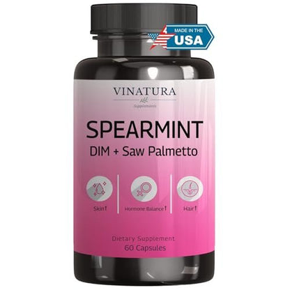 VINATURA Spearmint Kapseln Nahrungsergänzung - Spearmint Blattextrakt mit DIM & Sägepalme, für unerwünschte Haare, Frauengesundheit & Haut, USA hergestellt & getestet, 60 Kapseln
