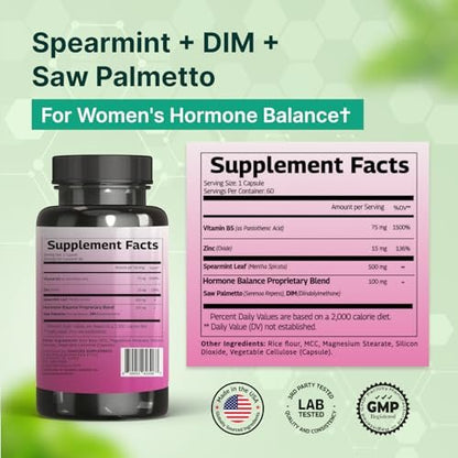 VINATURA Spearmint Kapseln Nahrungsergänzung - Spearmint Blattextrakt mit DIM & Sägepalme, für unerwünschte Haare, Frauengesundheit & Haut, USA hergestellt & getestet, 60 Kapseln