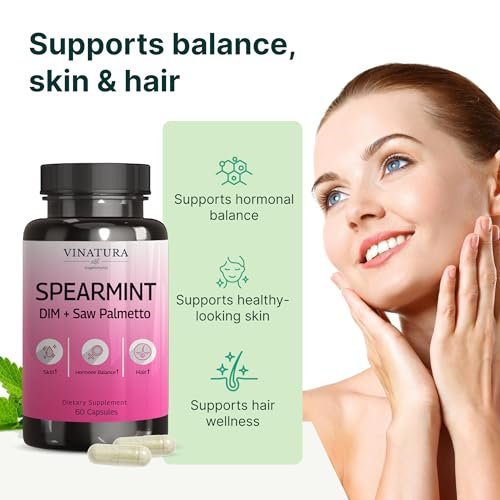 VINATURA Spearmint Kapseln Nahrungsergänzung - Spearmint Blattextrakt mit DIM & Sägepalme, für unerwünschte Haare, Frauengesundheit & Haut, USA hergestellt & getestet, 60 Kapseln