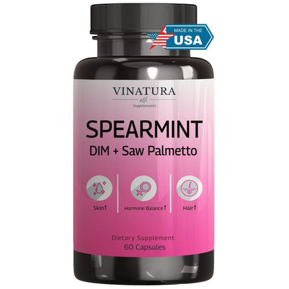 VINATURA Spearmint Kapseln Nahrungsergänzung - Spearmint Blattextrakt mit DIM & Sägepalme, für unerwünschte Haare, Frauengesundheit & Haut, USA hergestellt & getestet, 60 Kapseln